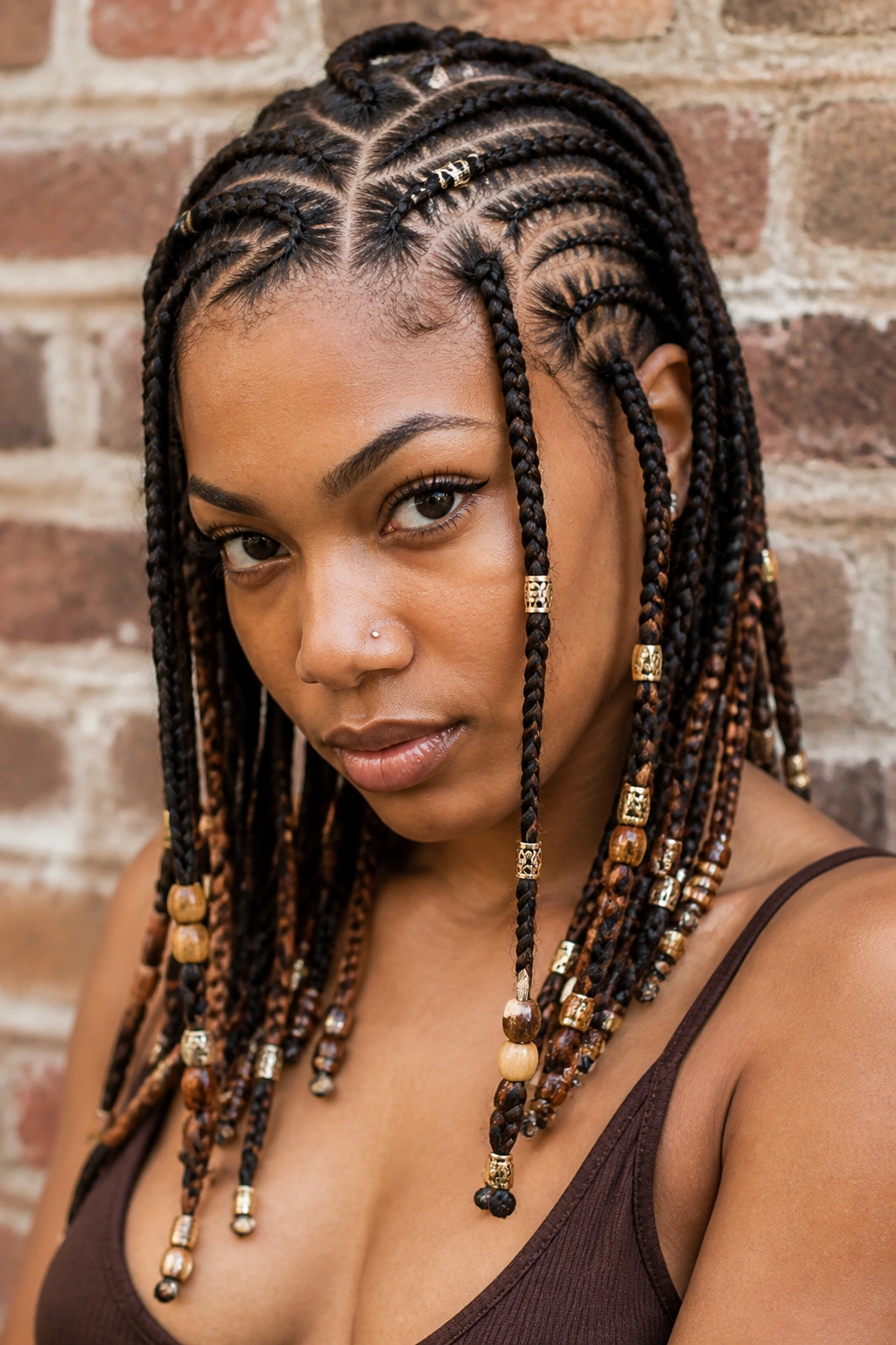 Close-up of a real Black woman with tribal braids and beads across the scalp