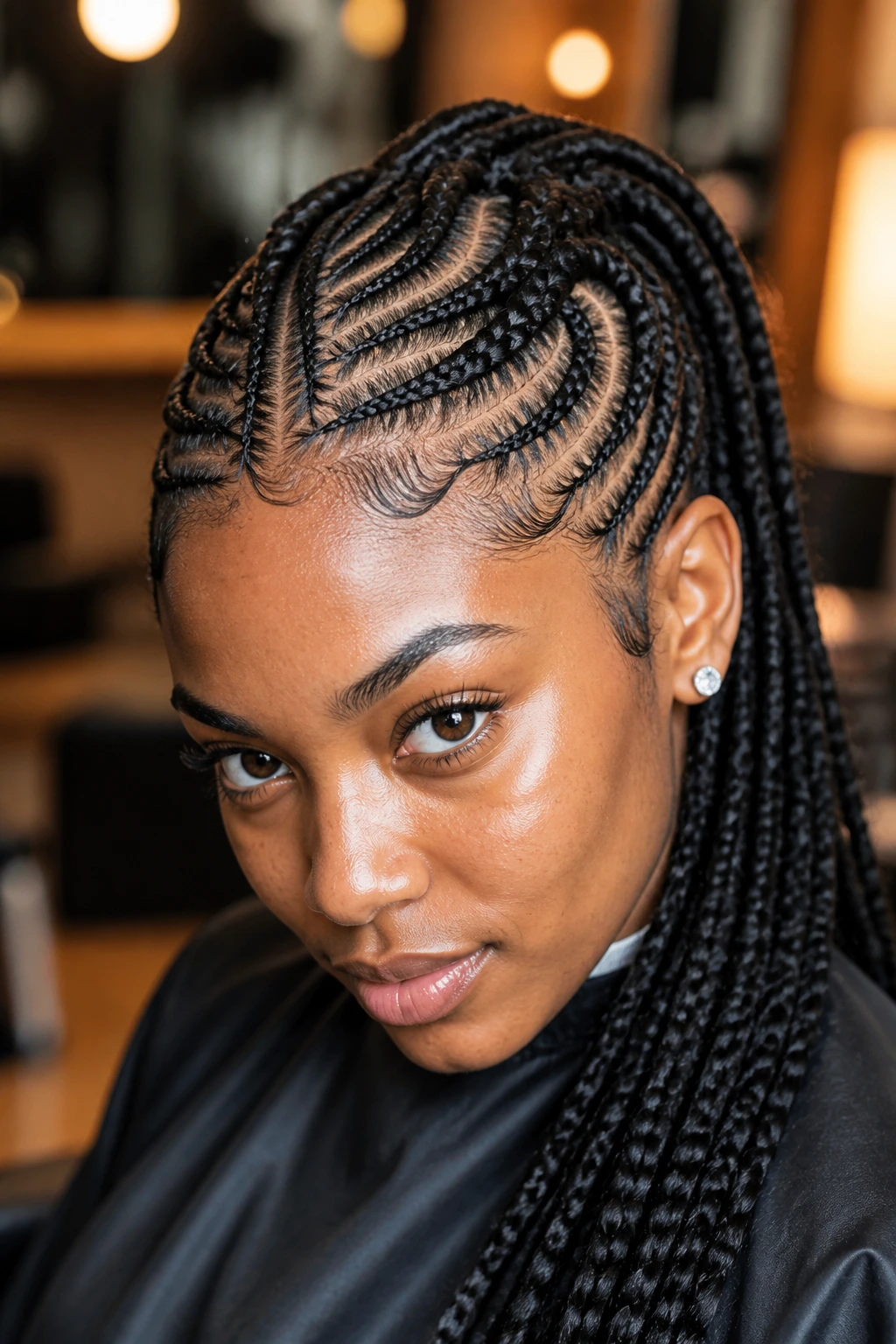 Close-up of tribal braid pattern on a real Black woman's scalp in a salon setting