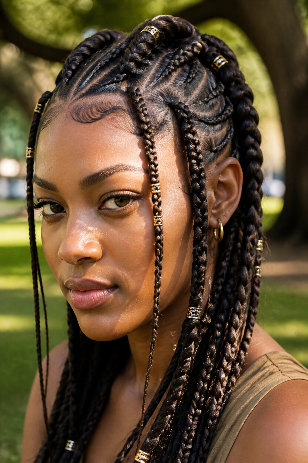 Woman with tribal braided hairstyle outdoors in park