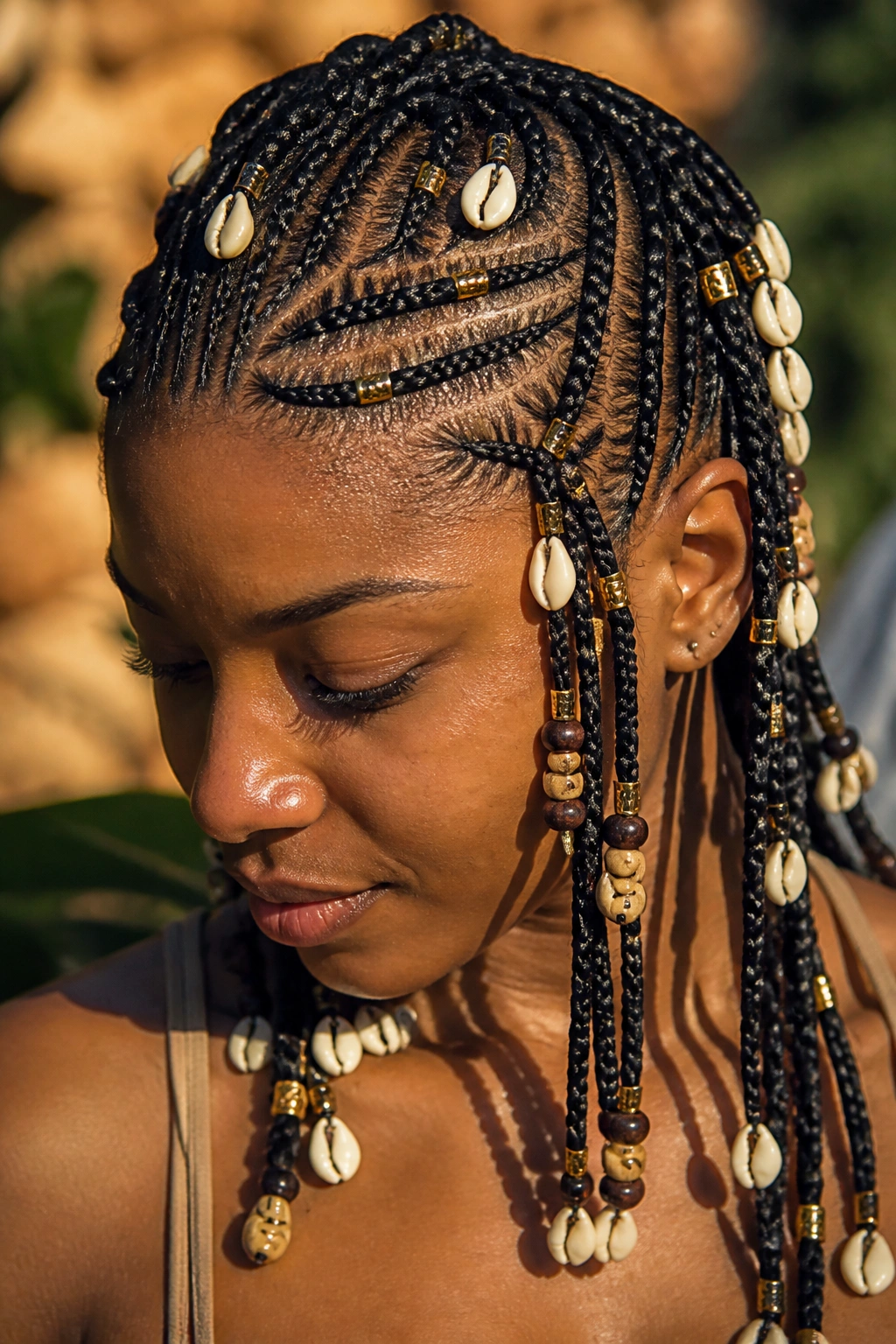 Tribal cornrows with shell accents on a real person in warm outdoor light