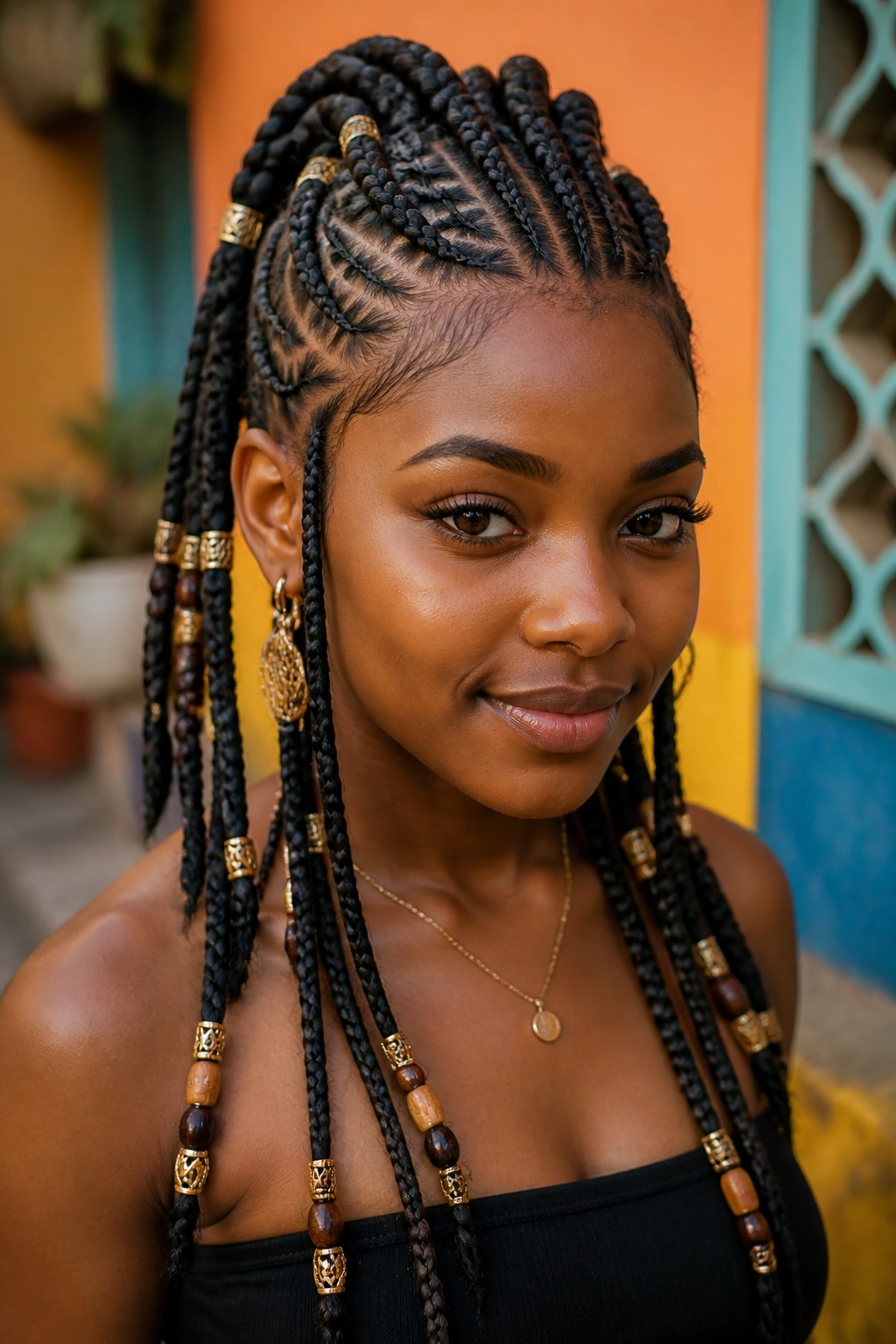 Close-up of a real Black woman with tribal feed-in braids and beads outdoors.