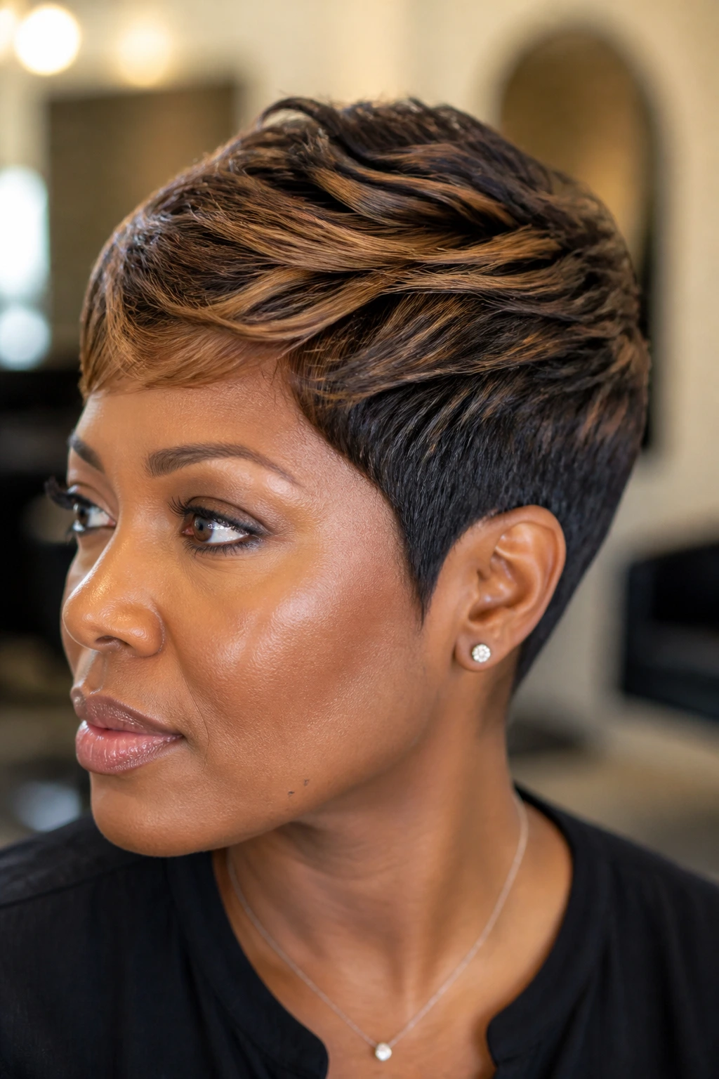Close-up of a real woman with a trimmed pixie and subtle color dimension in a cozy salon