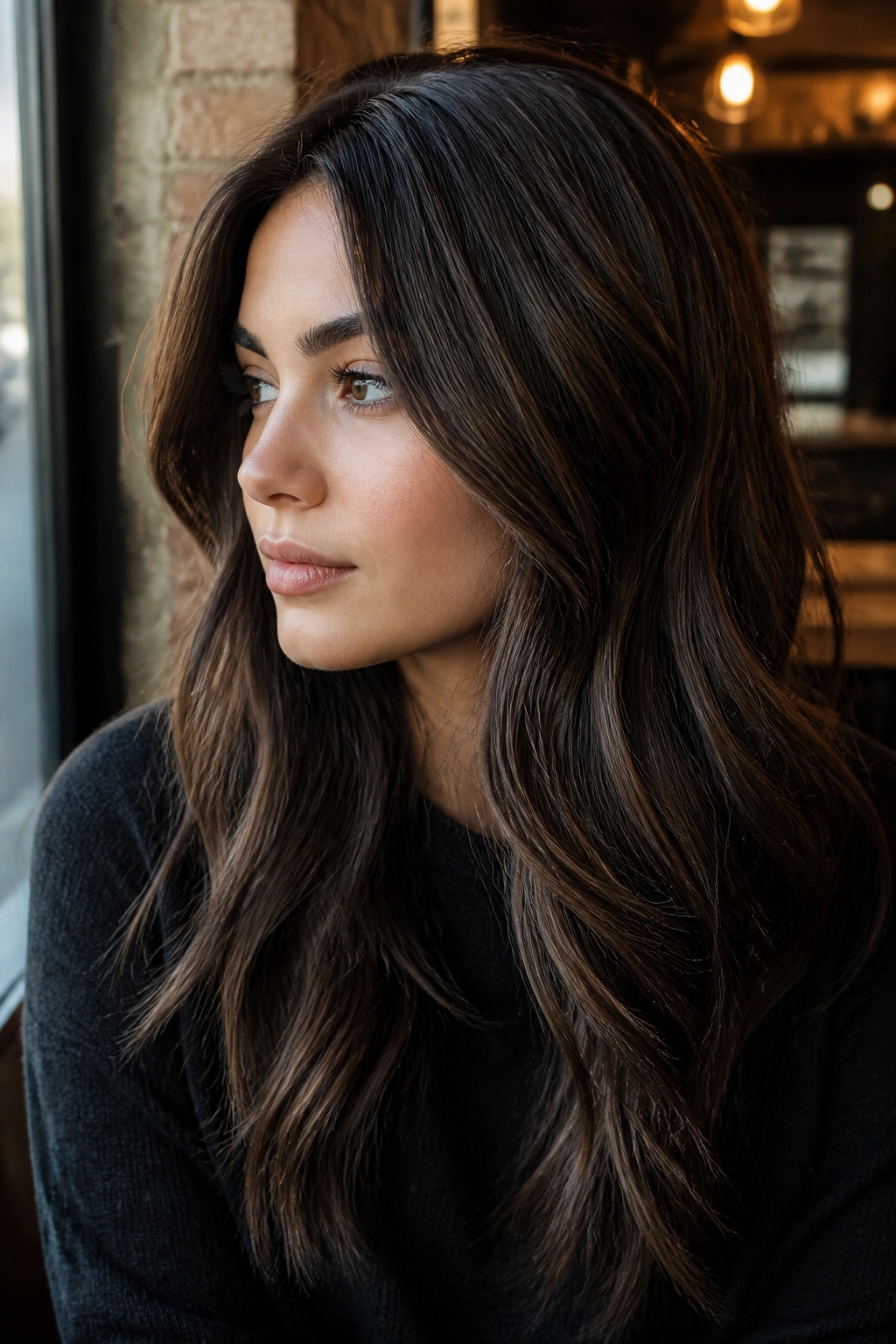 Close-up portrait of a real woman with truffle brown hair and cool depth.
