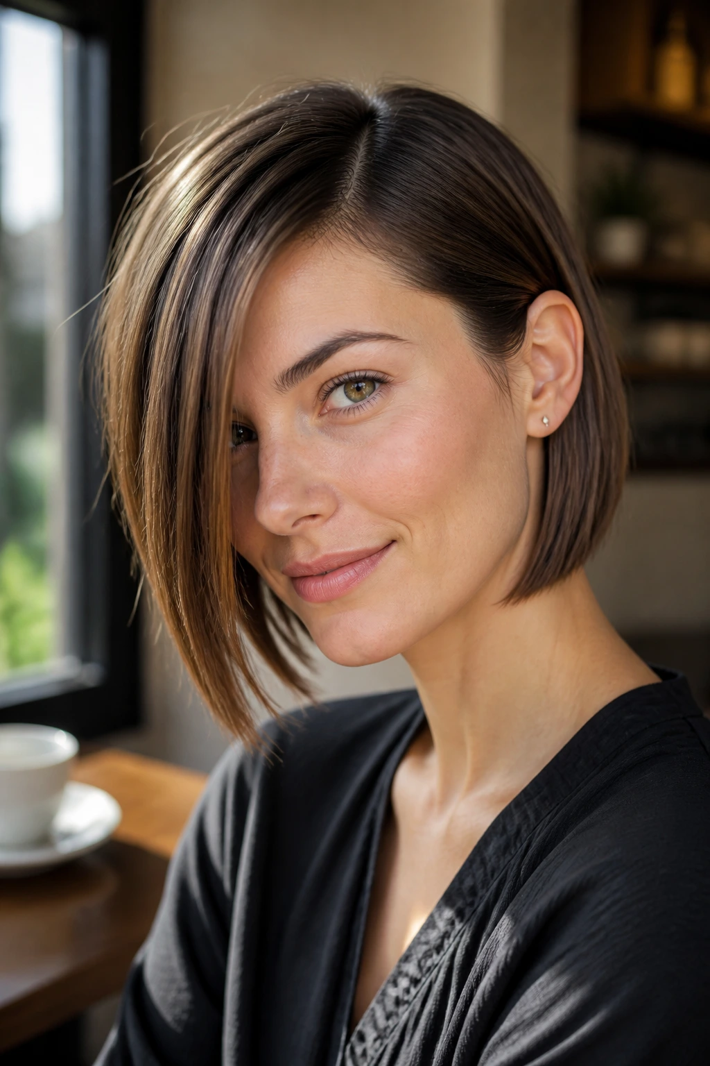 Real woman with one-sided tuck-behind-ear bob in sunny cafe light