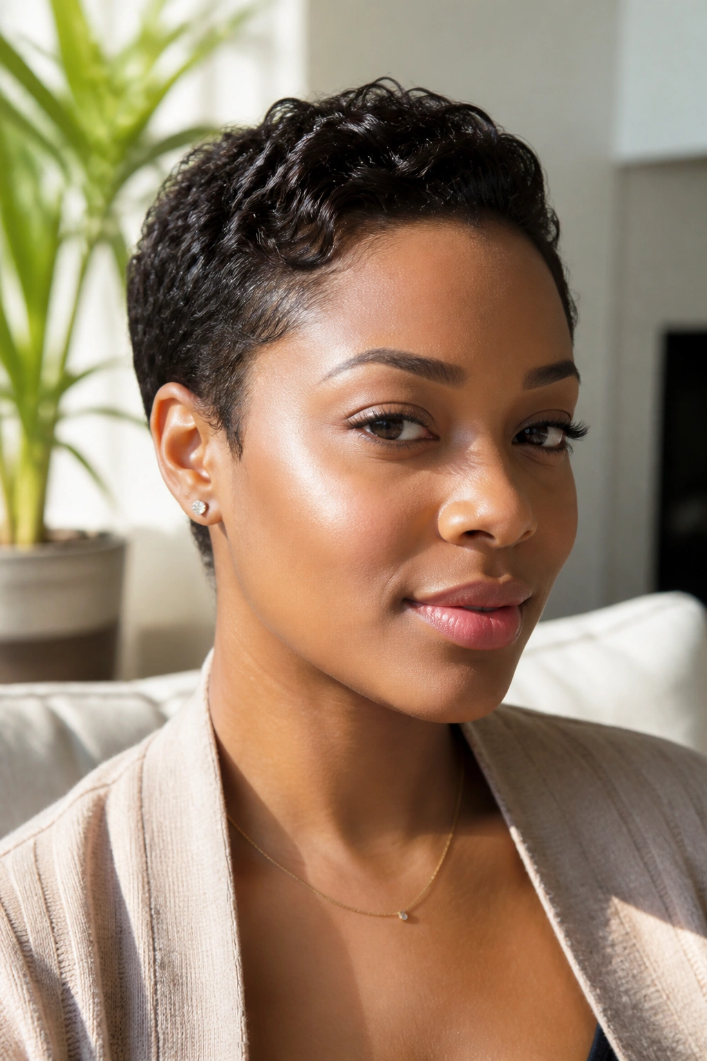Close-up of a real Black woman with a tucked-back pixie hairstyle.