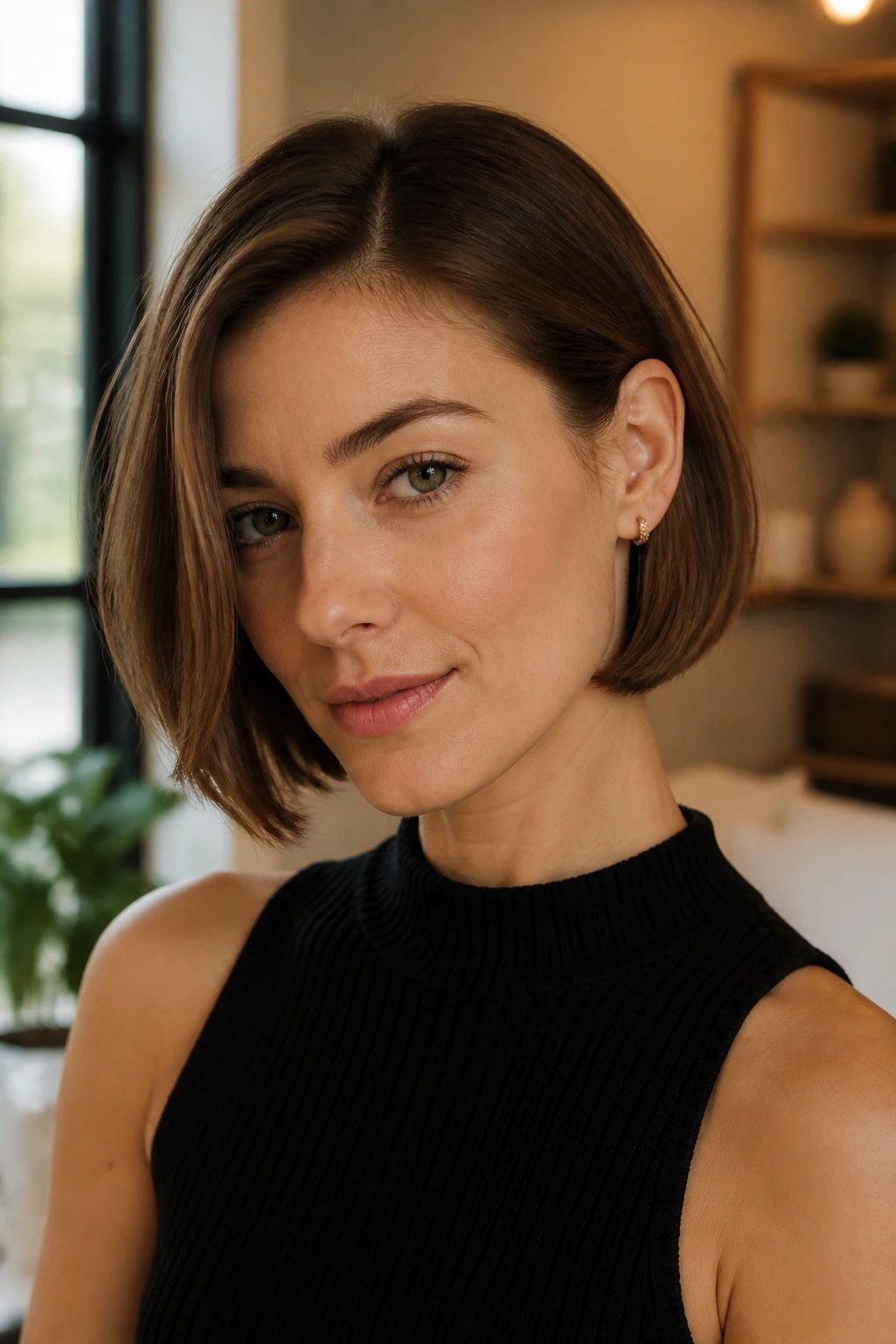 Close-up of a real woman with a tucked-behind-the-ear bob