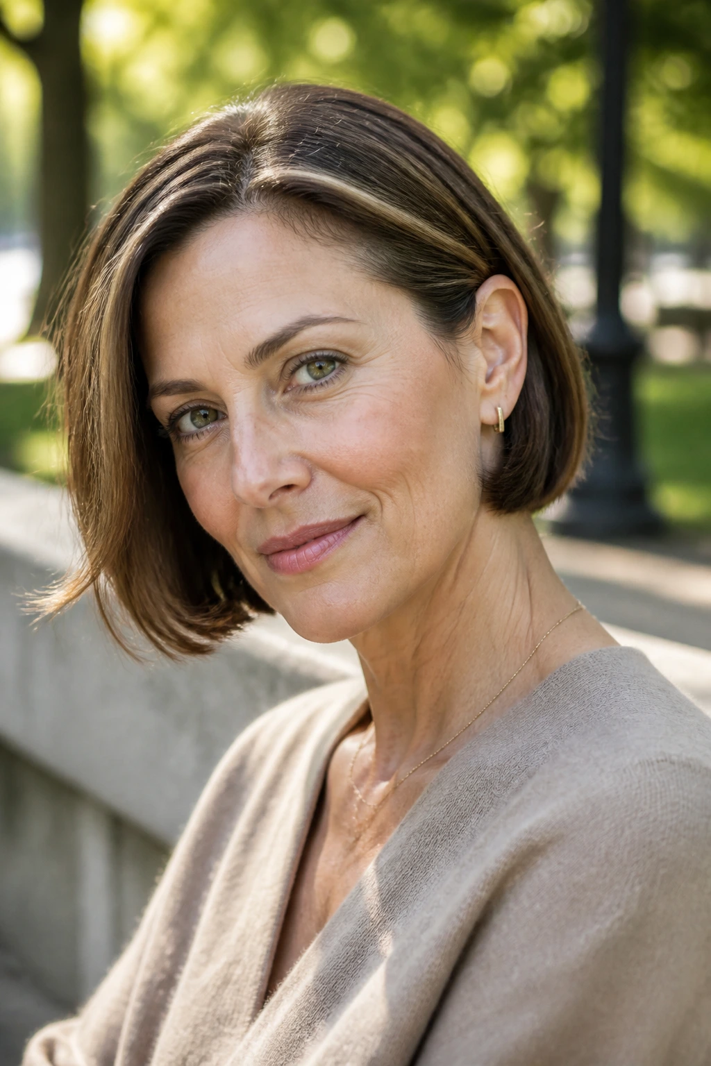 Close-up portrait of a woman with a tucked-behind-the-ear bob.