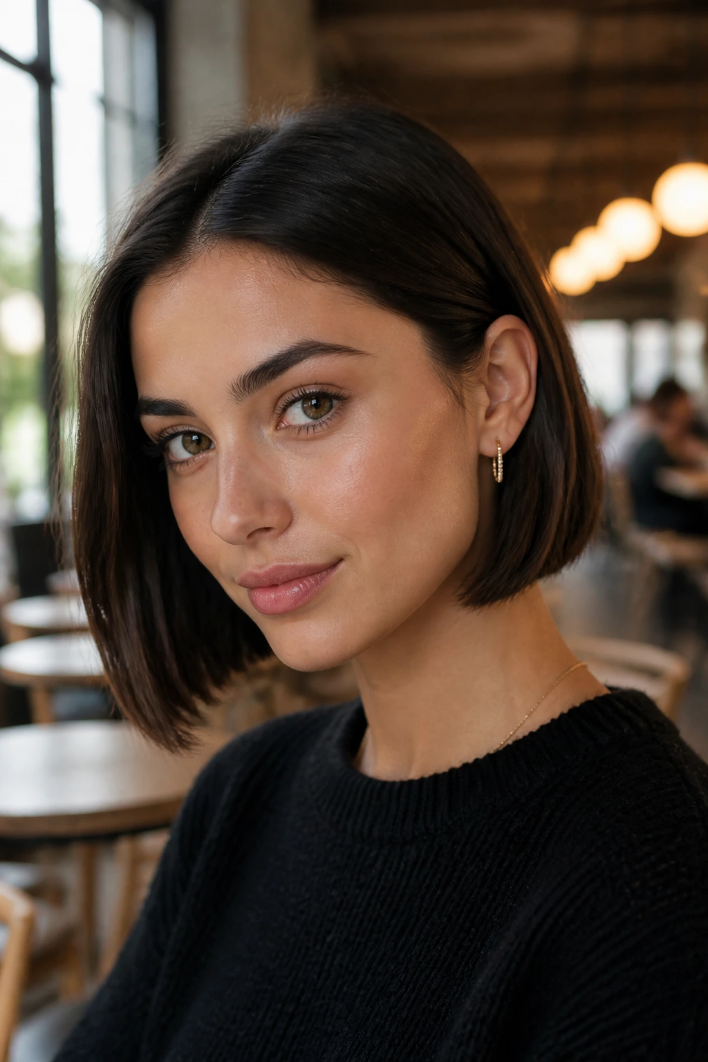 Close-up of real woman with tucked-behind-ear bob