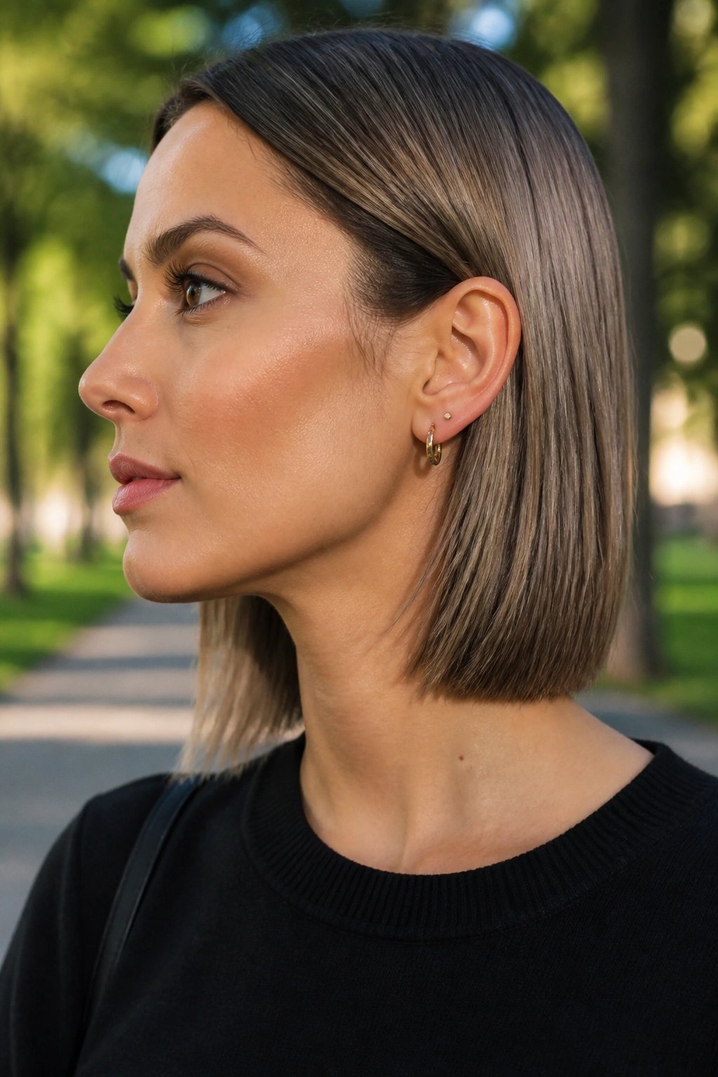 Portrait of a real woman with hair tucked behind the ear straight bob