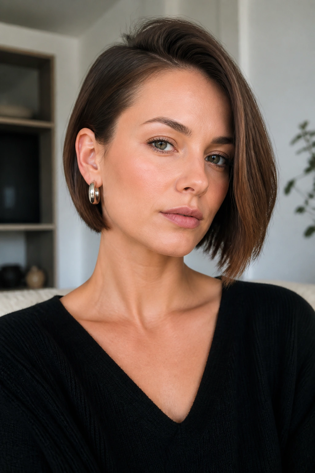 Close-up of a real woman with one side tucked behind the ear for a sharp, asymmetric bob.