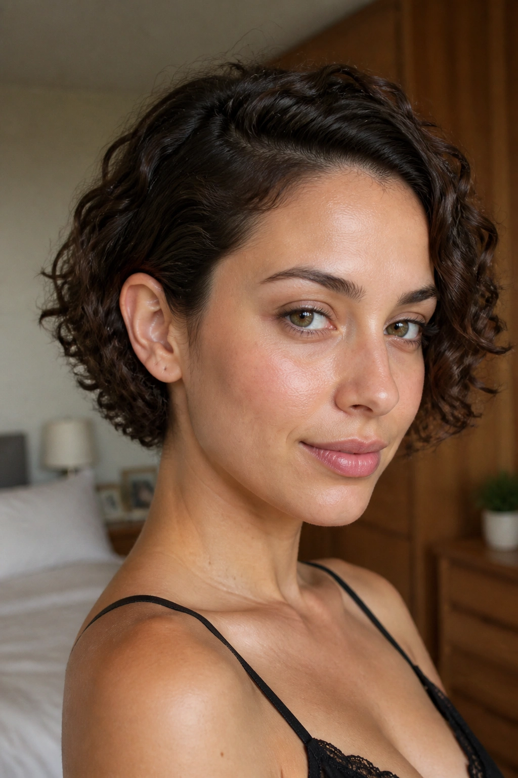 Close-up portrait of a real woman with a tucked-behind-ear curly crop, forehead open