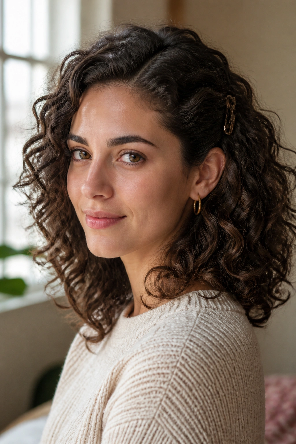 Close-up of a real woman with one side tucked behind the ear, curls cascading.