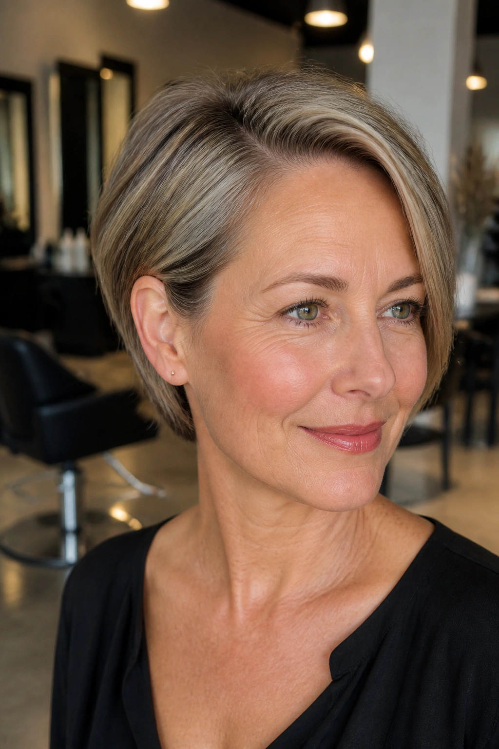 Close-up of a real woman with hair tucked behind the ear in a pixie bob