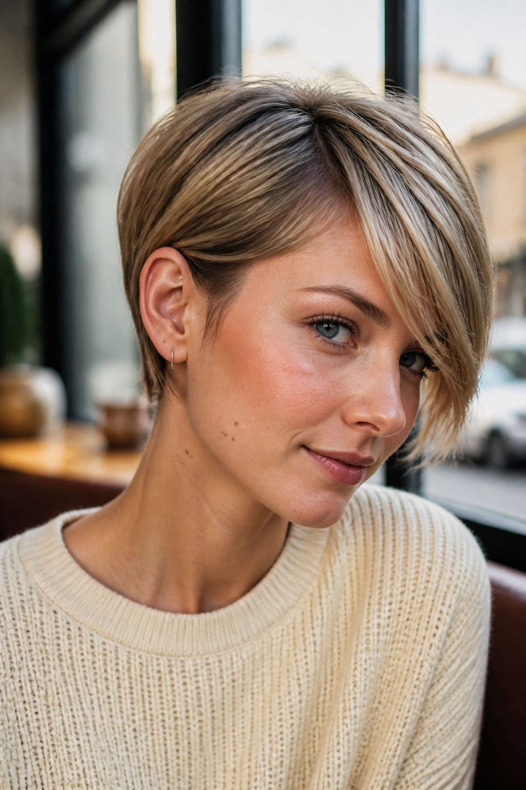 Close-up portrait of a real woman with tucked-behind-the-ear pixie and clean edges.