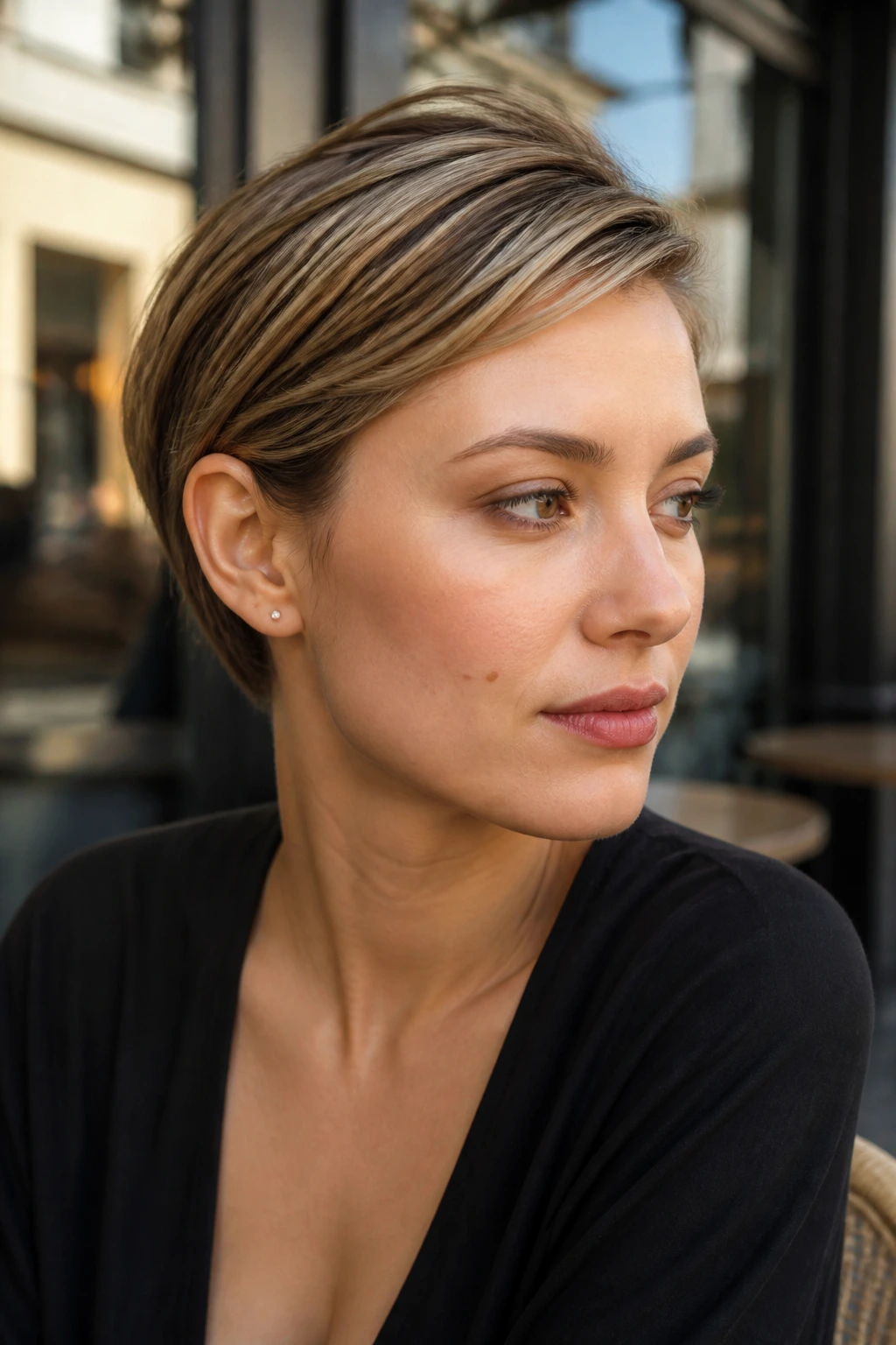 Close-up portrait of a real woman with a tucked-behind-the-ear pixie hairstyle
