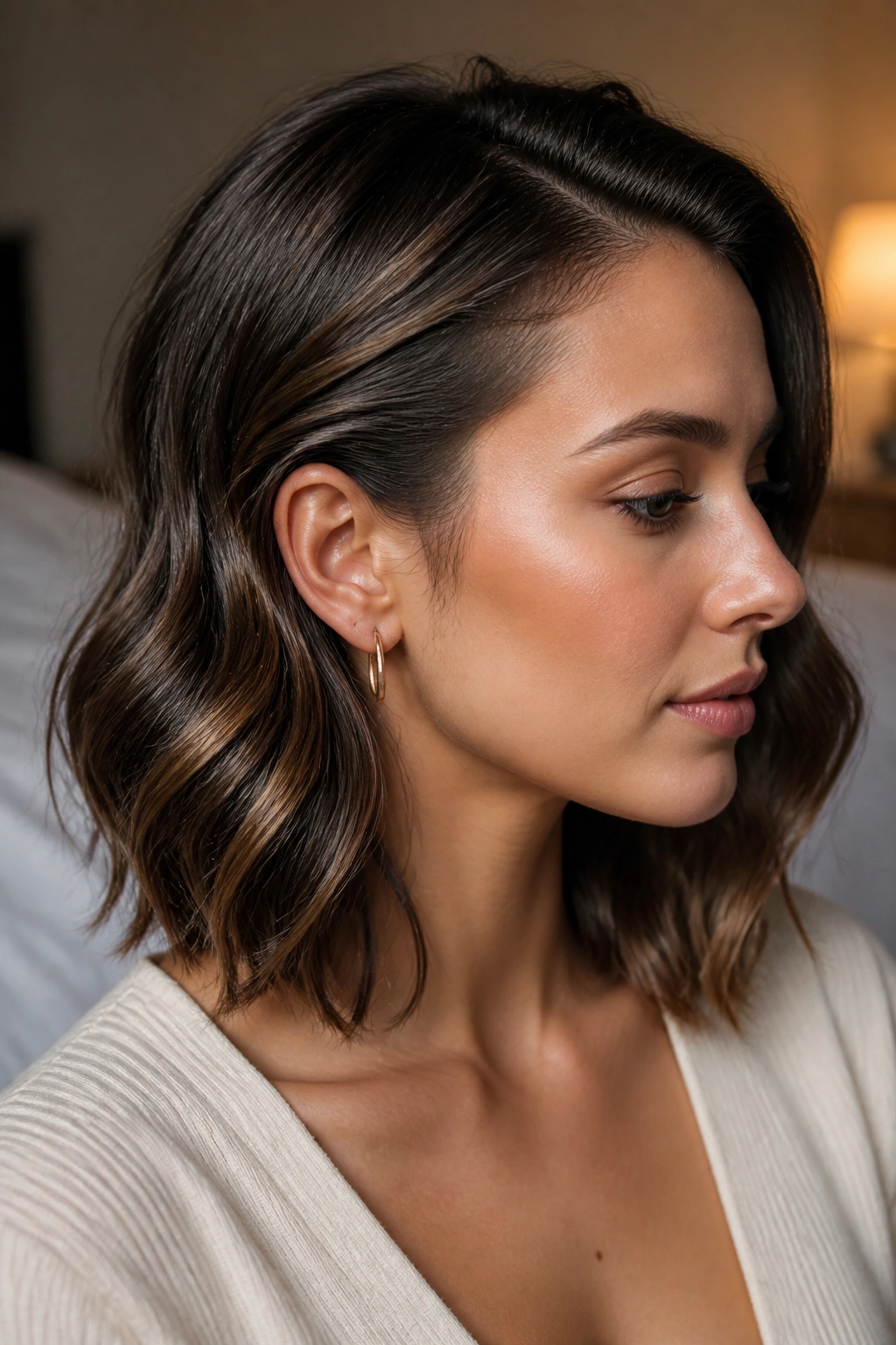 Profile of woman with wand curls tucked behind the ear and sleek shine