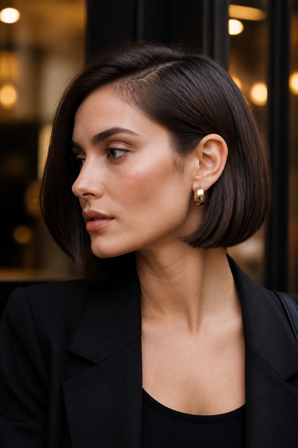 Side-profile portrait of a real woman with a tucked-behind-ears blunt bob highlighting jawline