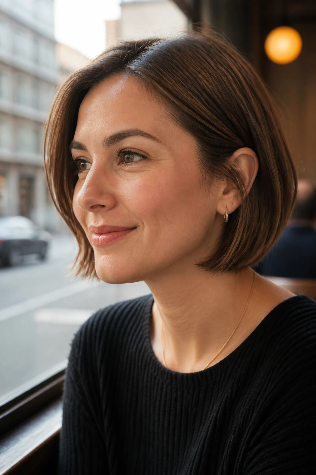 Close-up of a real woman with a tucked-behind-ear bob, one ear exposed, cafe setting.