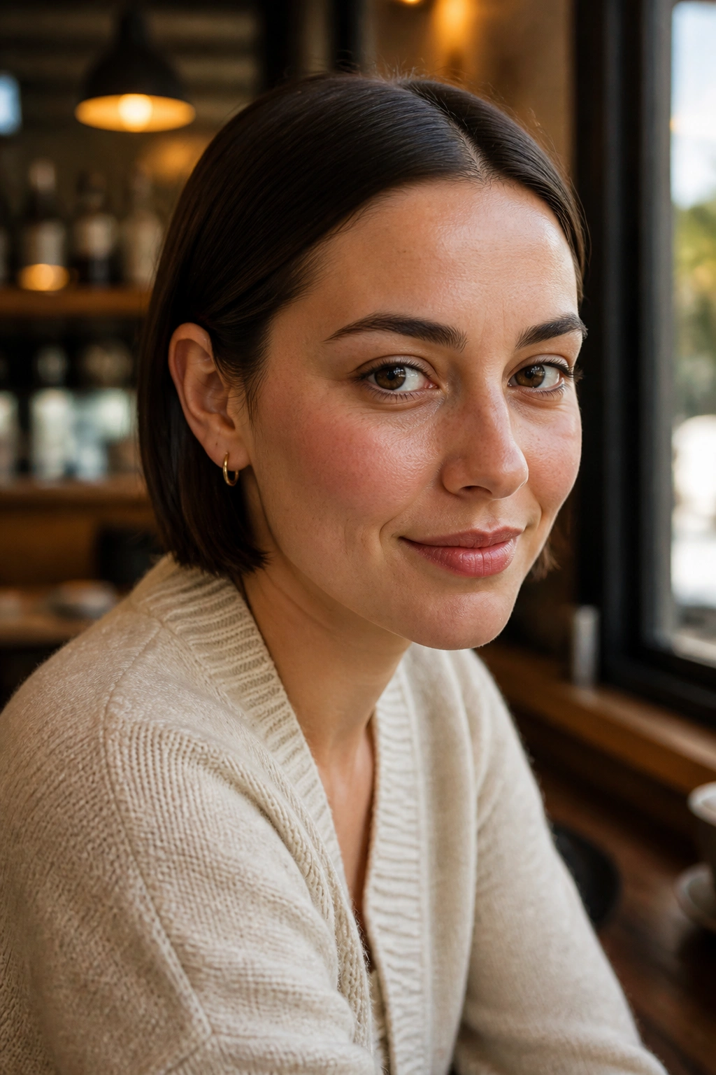 Close-up portrait of a real woman with a tucked-behind-the-ears bob, ears visible and ends blunt.