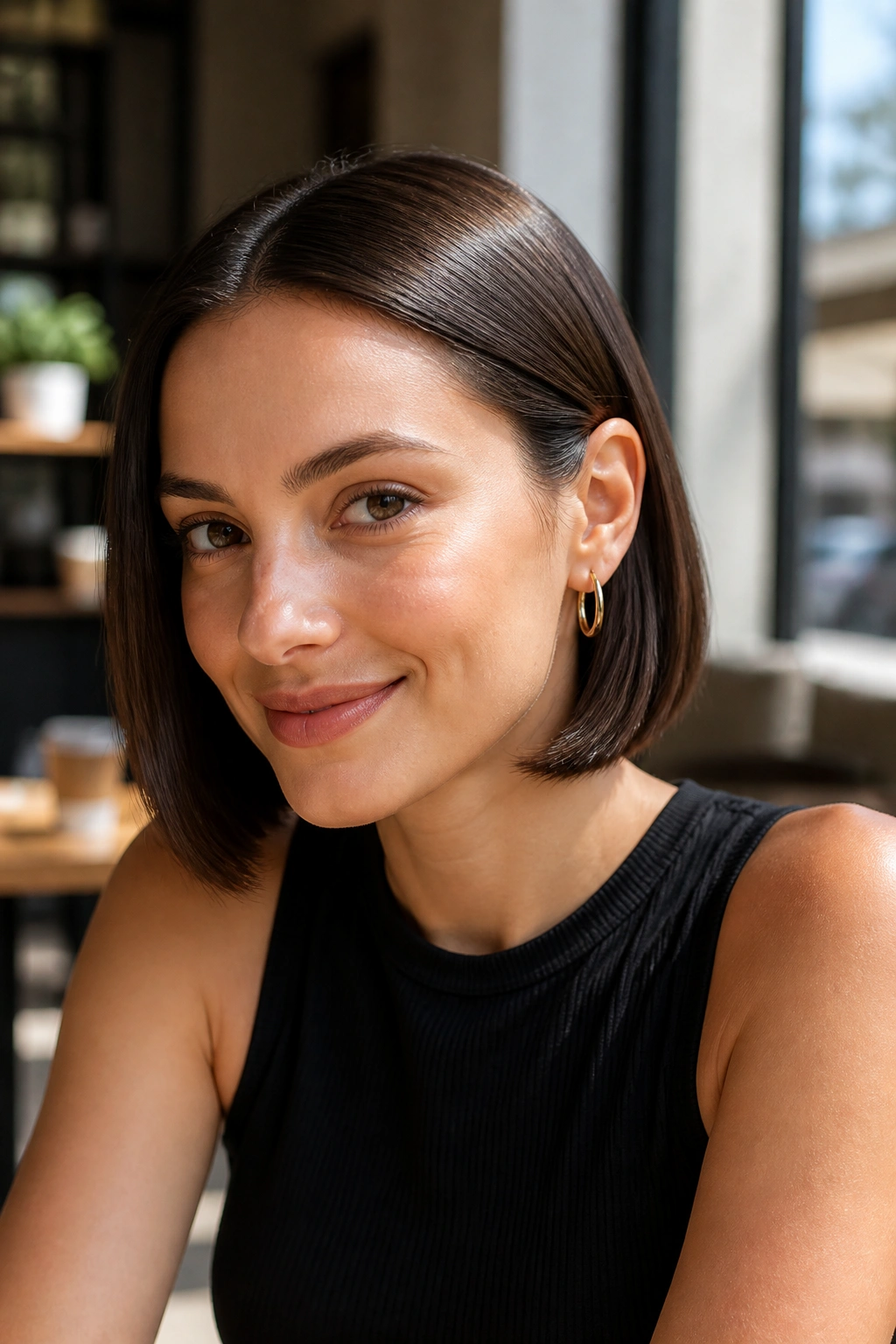 Close-up of a real woman with a tucked-behind-ears bob and glossy finish.
