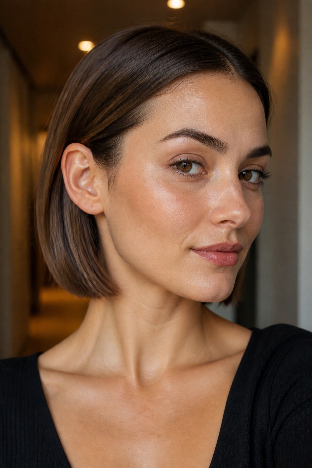Portrait of a woman with a tucked-behind-ear bob in soft hallway light