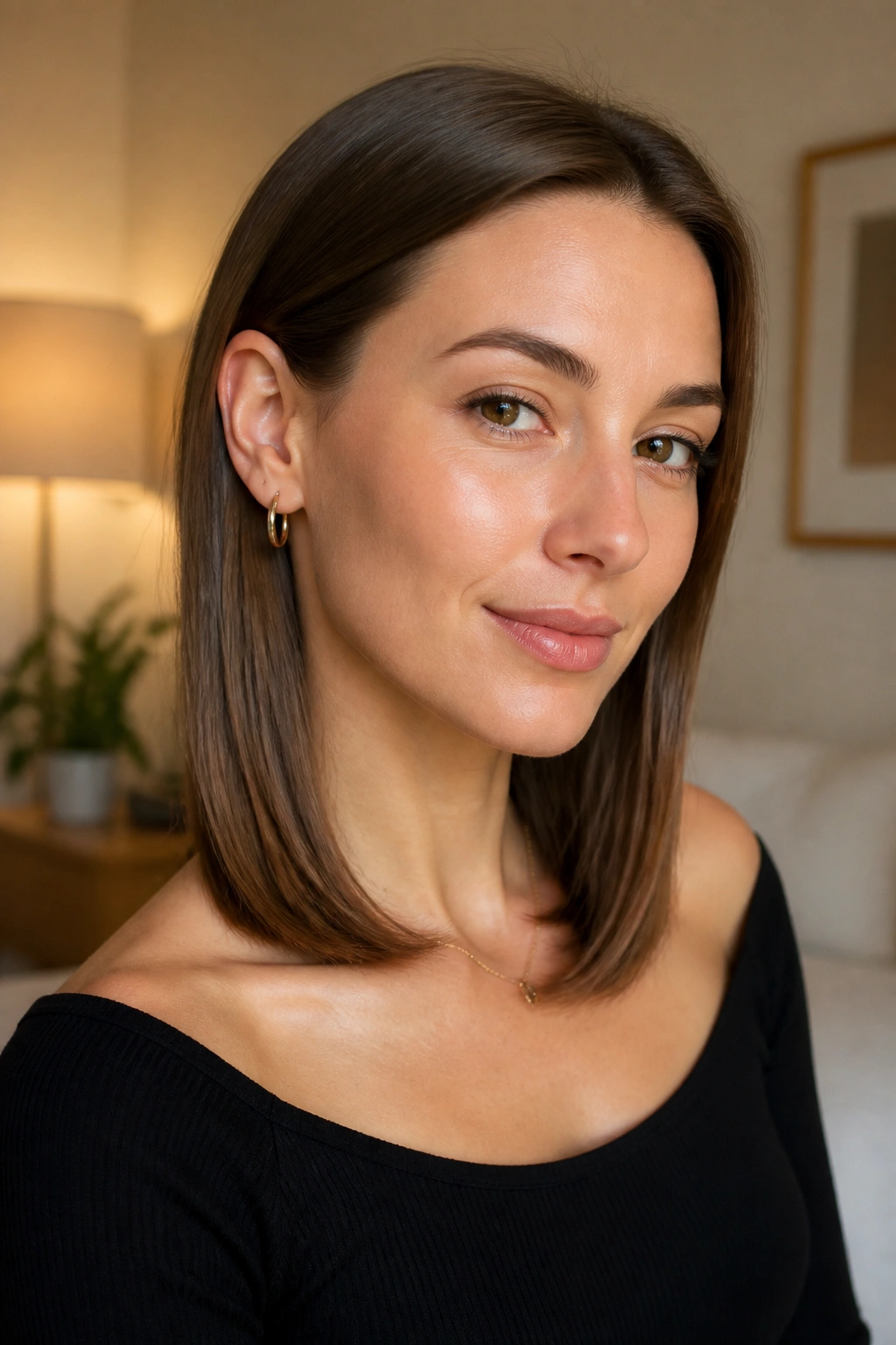 Close-up of a real woman with hair tucked behind the ears