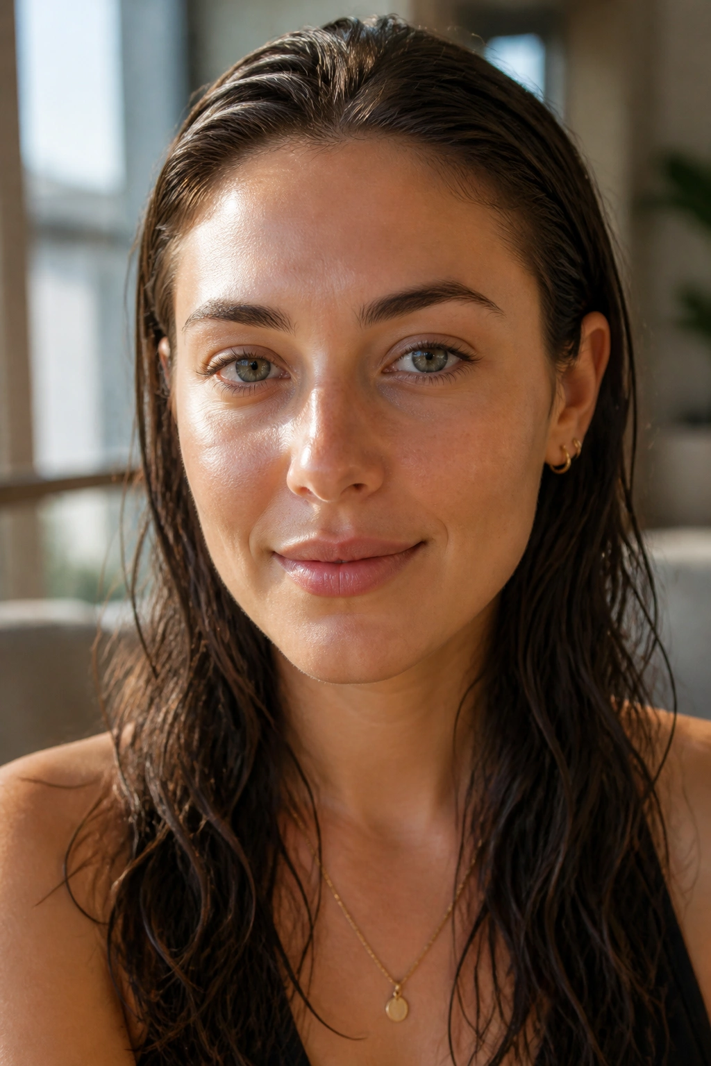 Close-up of a real woman with hair tucked behind the ears for minimal effort, natural light