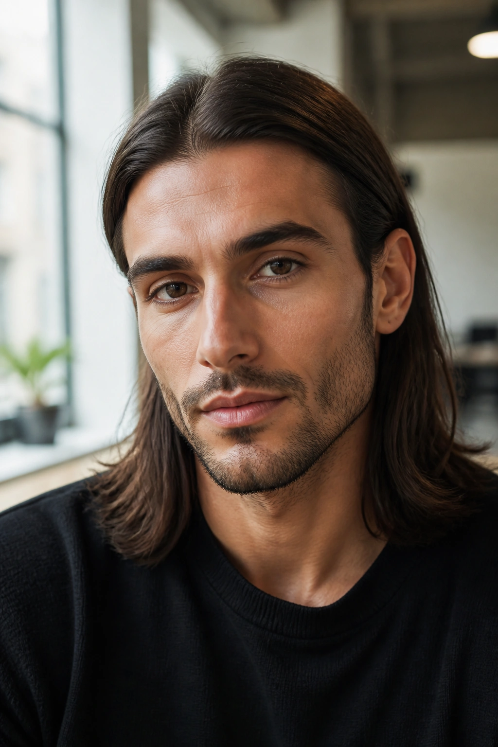 Close-up portrait of a man with hair tucked behind the ears