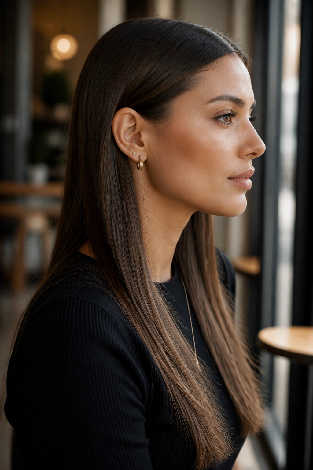 Side-profile portrait of a real woman with long hair tucked behind her ears