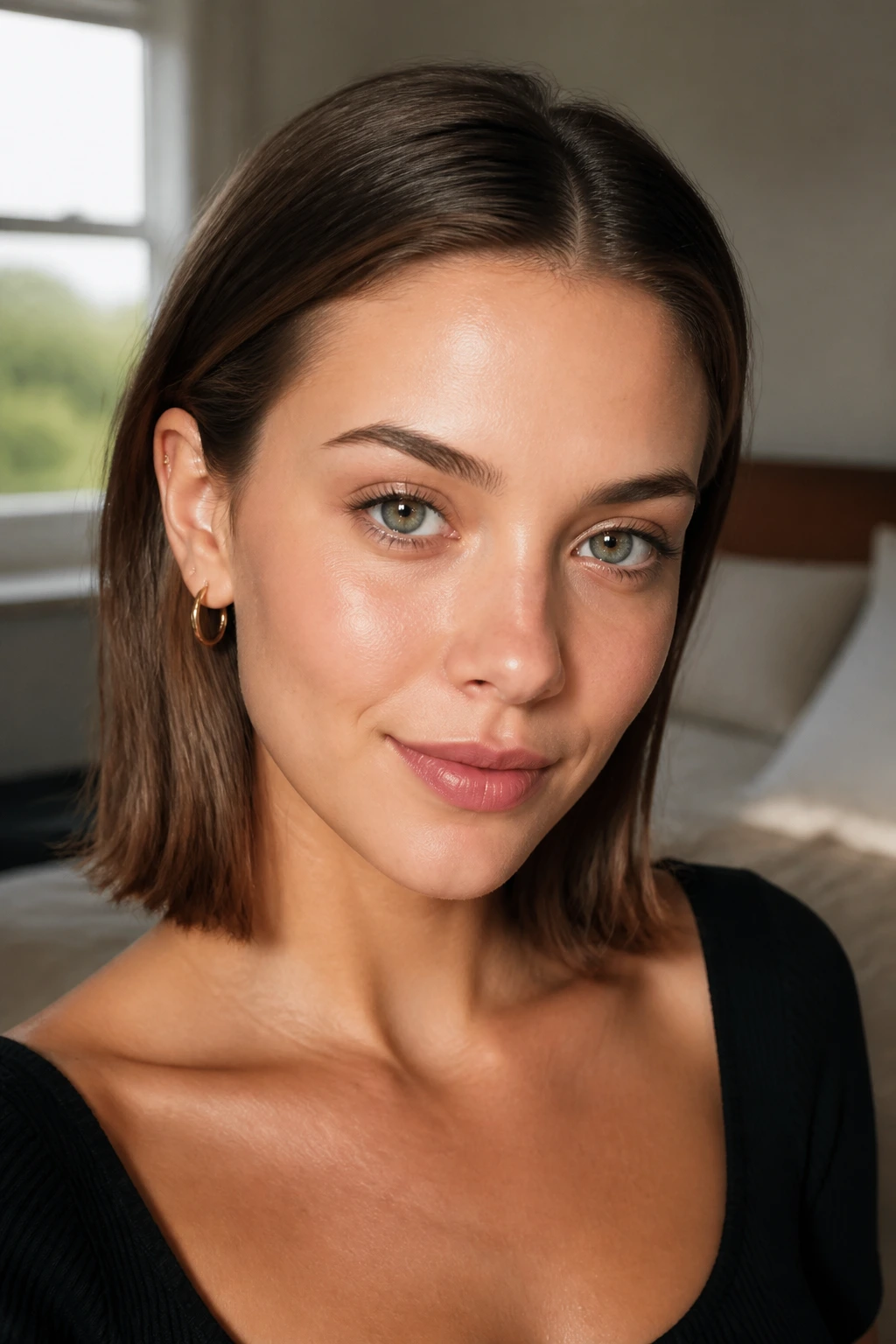 Close-up of a woman with tucked-behind-the-ears lob showing cheekbones