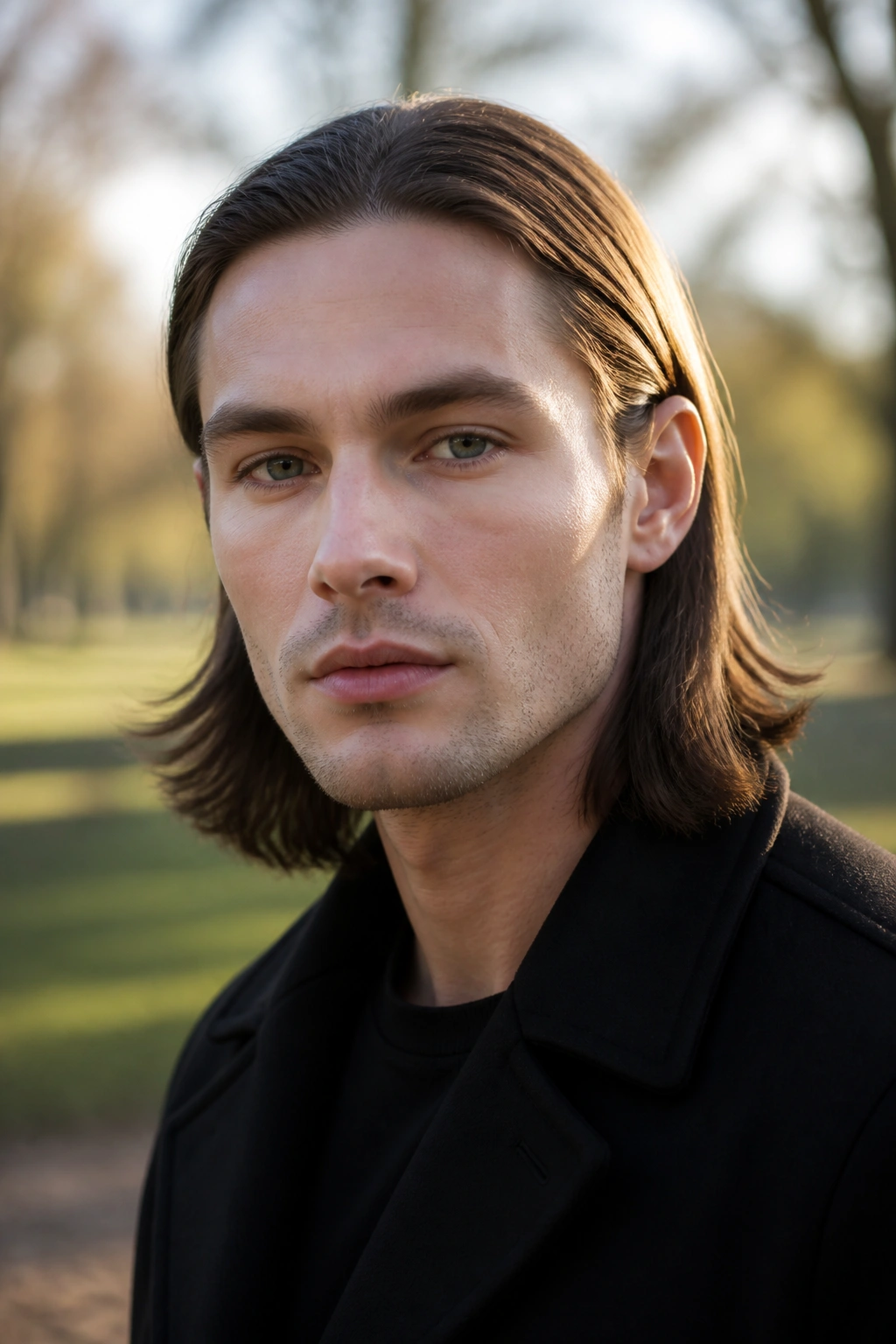 Close-up of a man with hair tucked behind the ears in a park at dawn