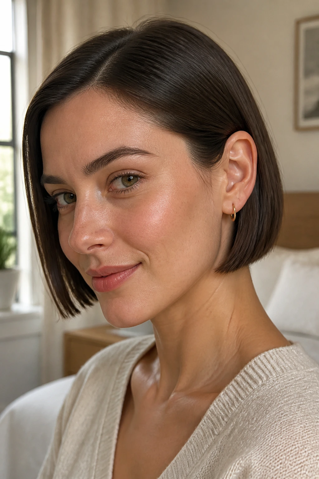 Close-up of real woman with tucked-behind-the-ear blunt bob in natural window light