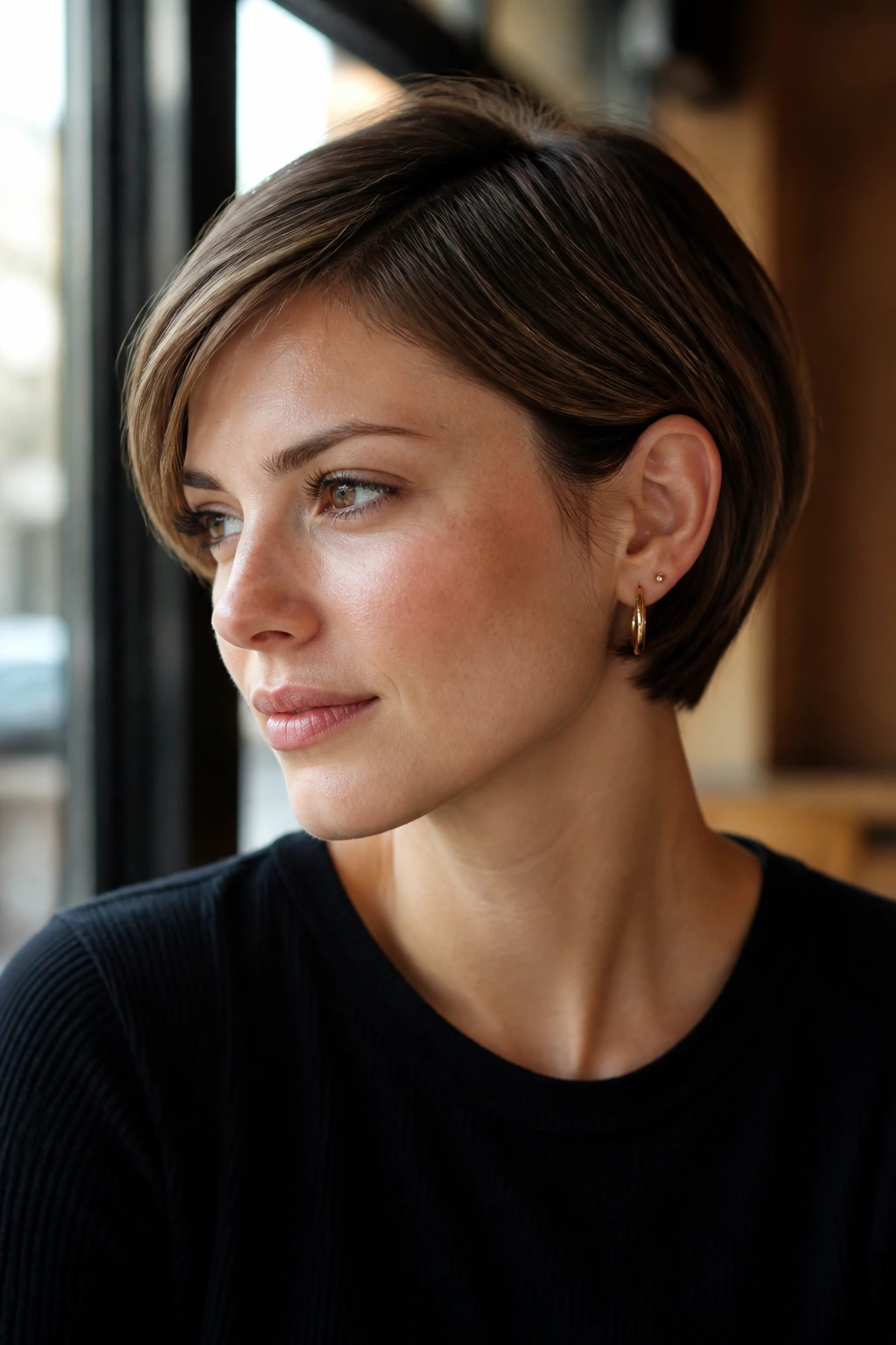 Portrait of real woman wearing tuck-behind-ear crop in cafe window light