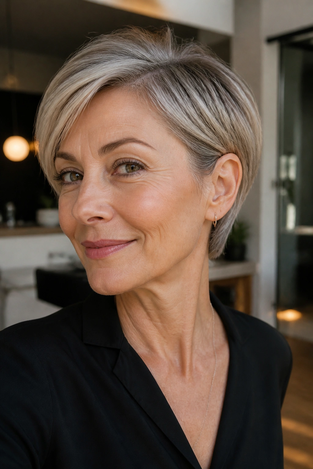 Close-up of a real woman with a Tucked-Behind-the-Ear Pixie Bob hairstyle.