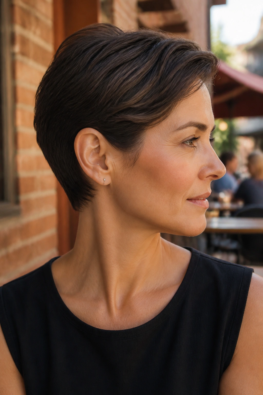 Side-profile portrait of a real woman with tucked-behind-the-ear pixie.