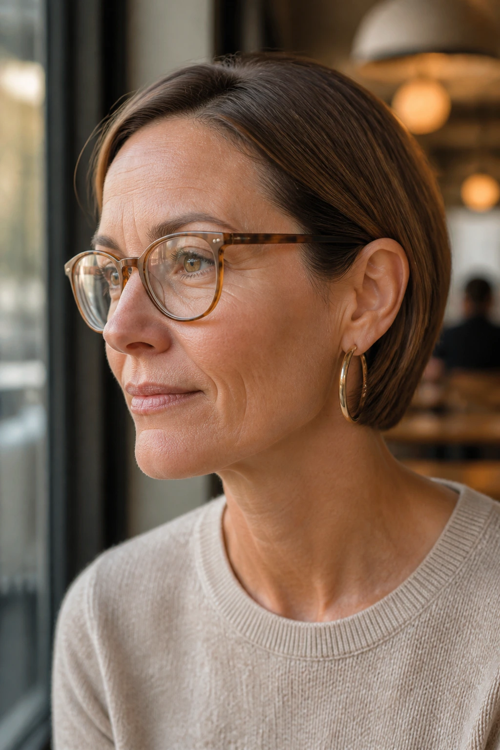 Portrait of a woman with tucked-behind-the-ears bob in daylight by a cafe window