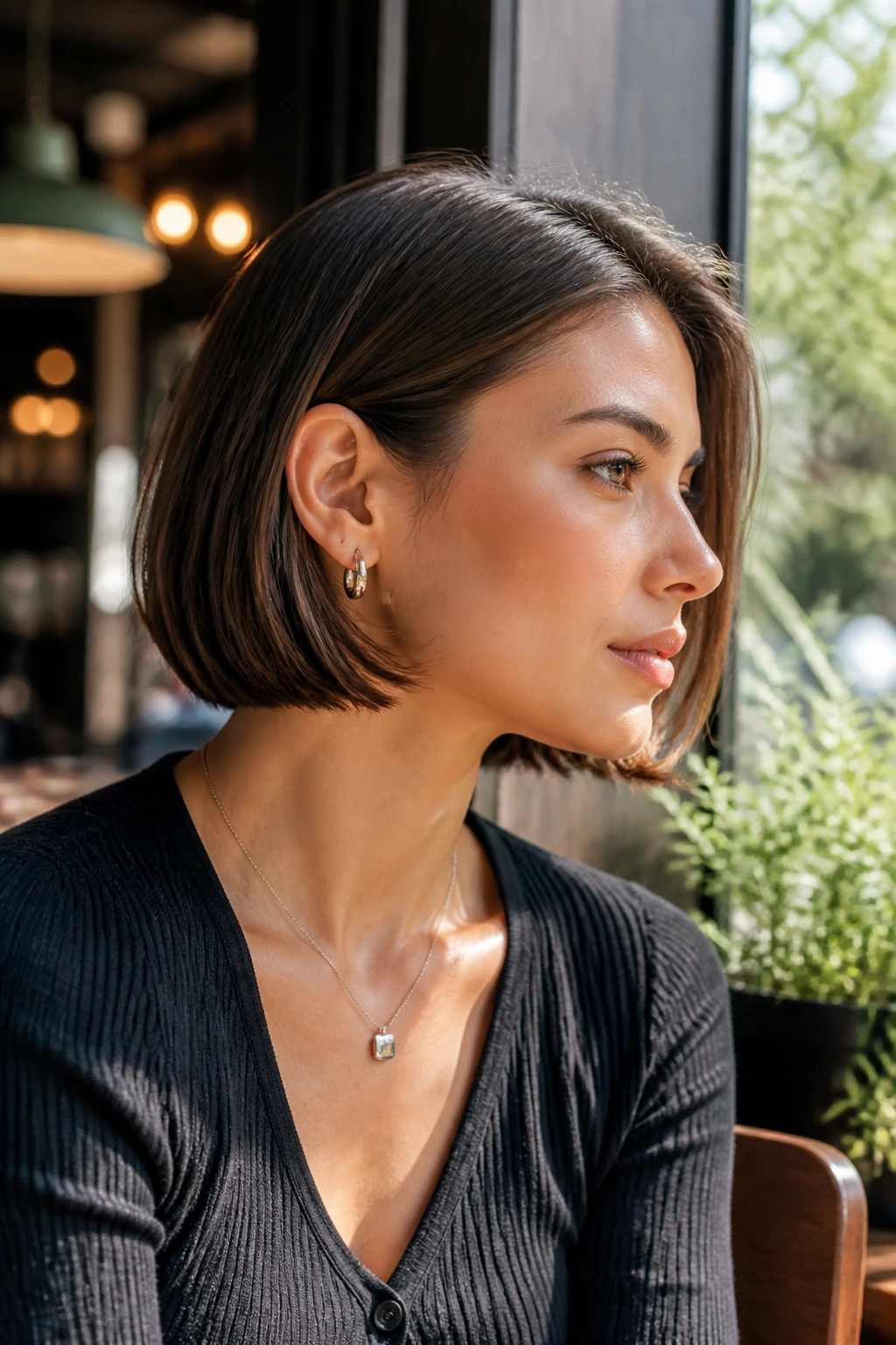 Close-up profile of a real woman with a tucked bob behind the ear