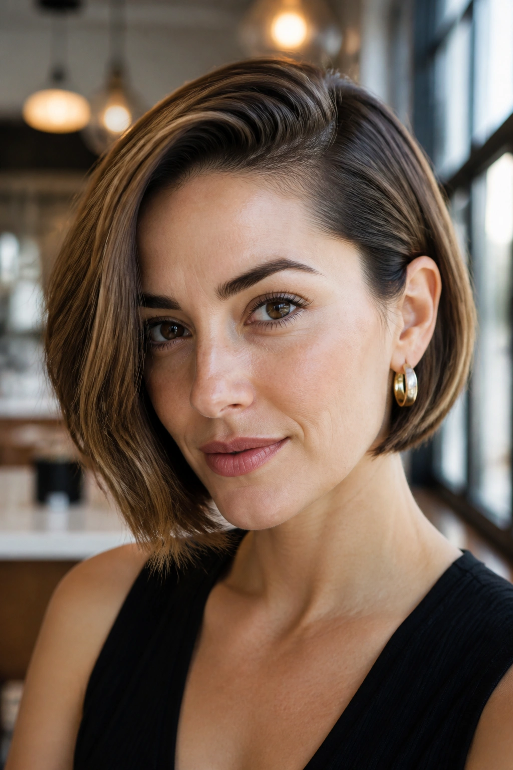 Close-up portrait of a real woman with a tucked bob and deep side part