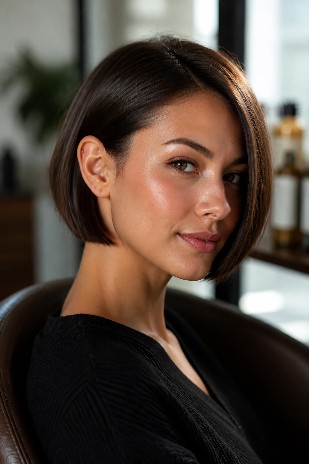 Close-up portrait of a woman with a tucked bob behind her ear.