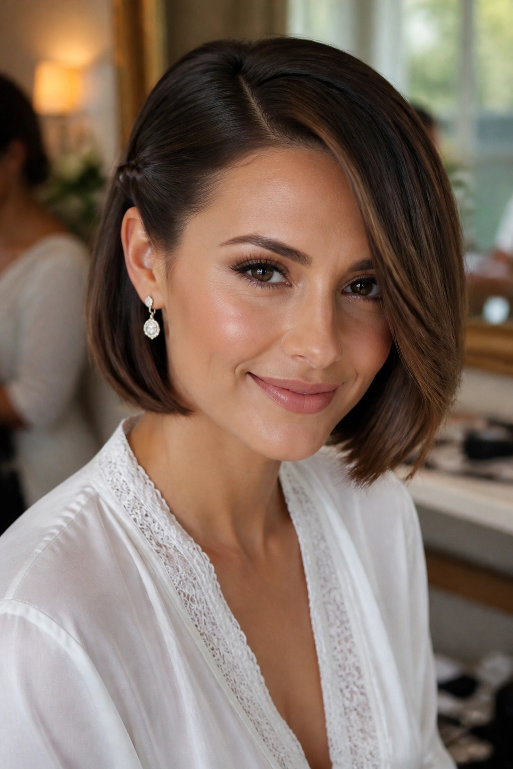 Close-up of a real woman's tucked bob with a side sweep