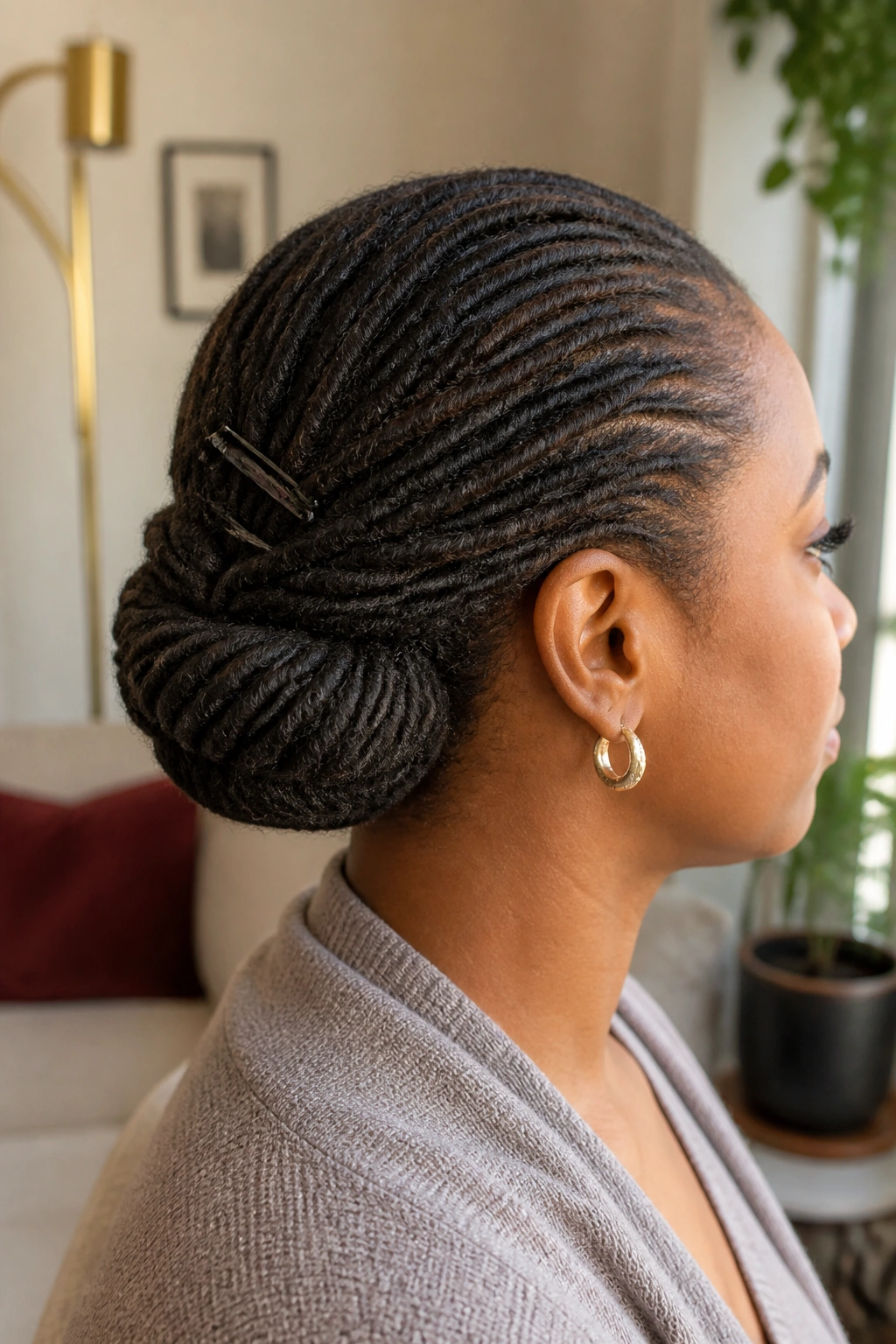 Profile portrait of a woman with ends tucked under a chignon at the nape, U-pins securing the style