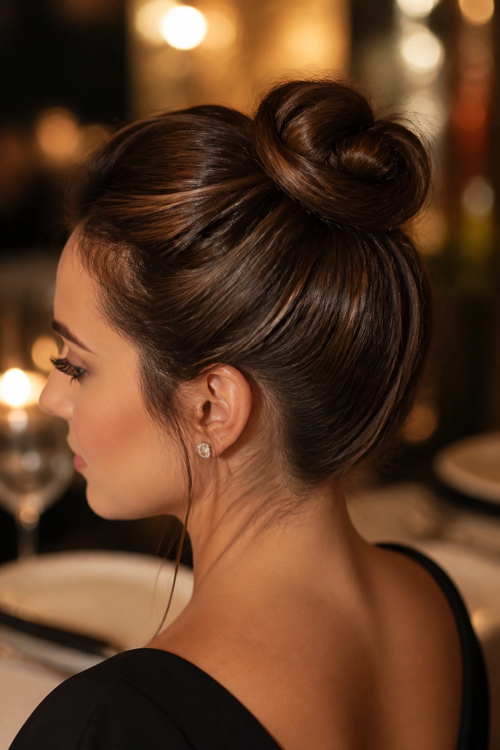 Close-up of a real woman with a tucked chignon top knot and tucked ends.