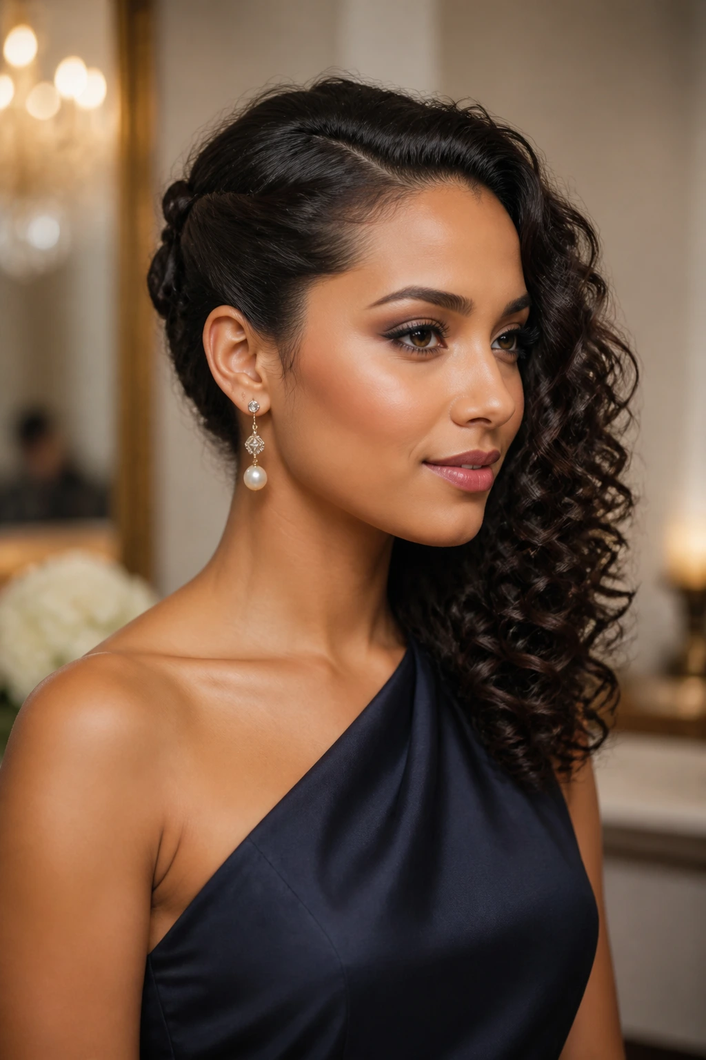 Woman with one-side tucked curl for events.