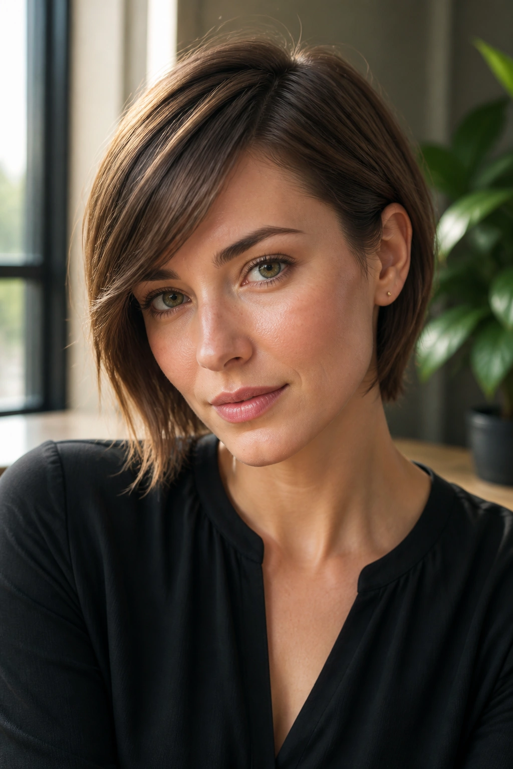 Close-up portrait of a woman with a tucked-behind-ear bob and side-swept fringe