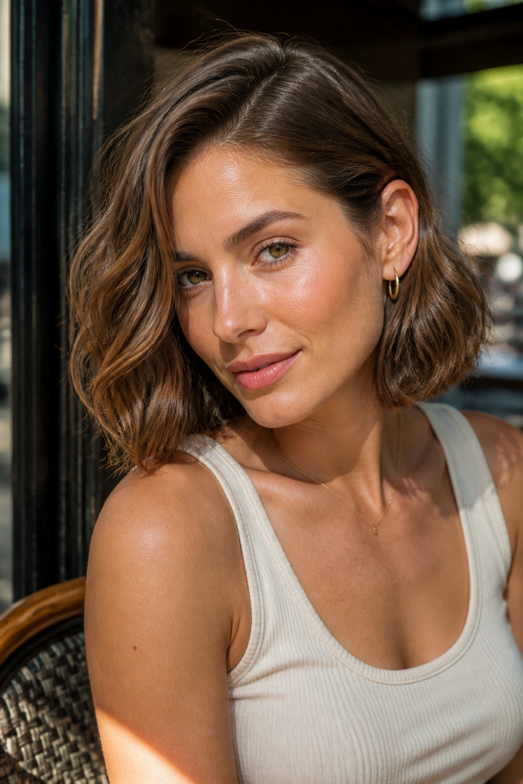 Close-up of a woman with a tucked-behind-ear wavy lob in outdoor light