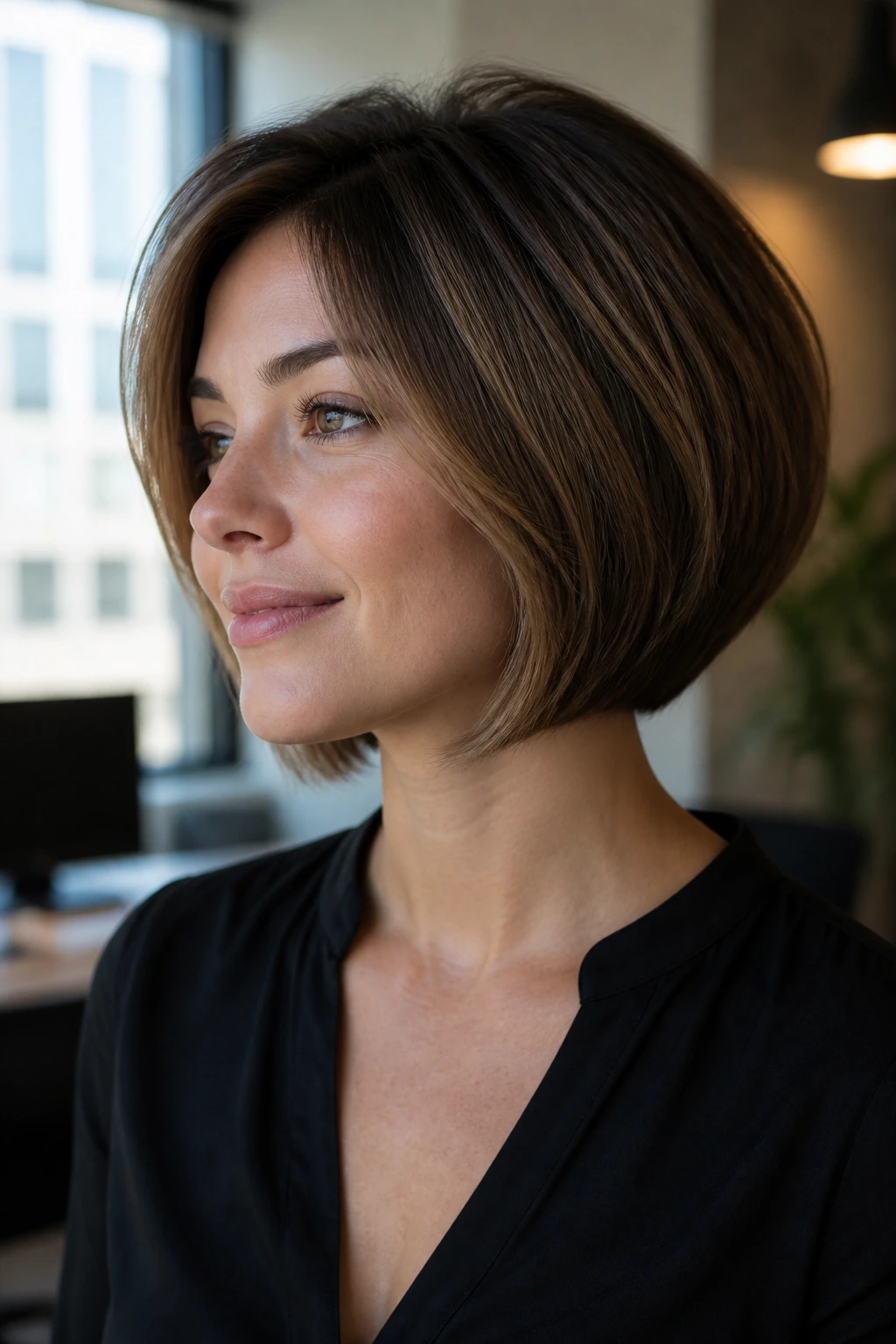 Close-up portrait of a woman with tucked-end bob and soft graduation