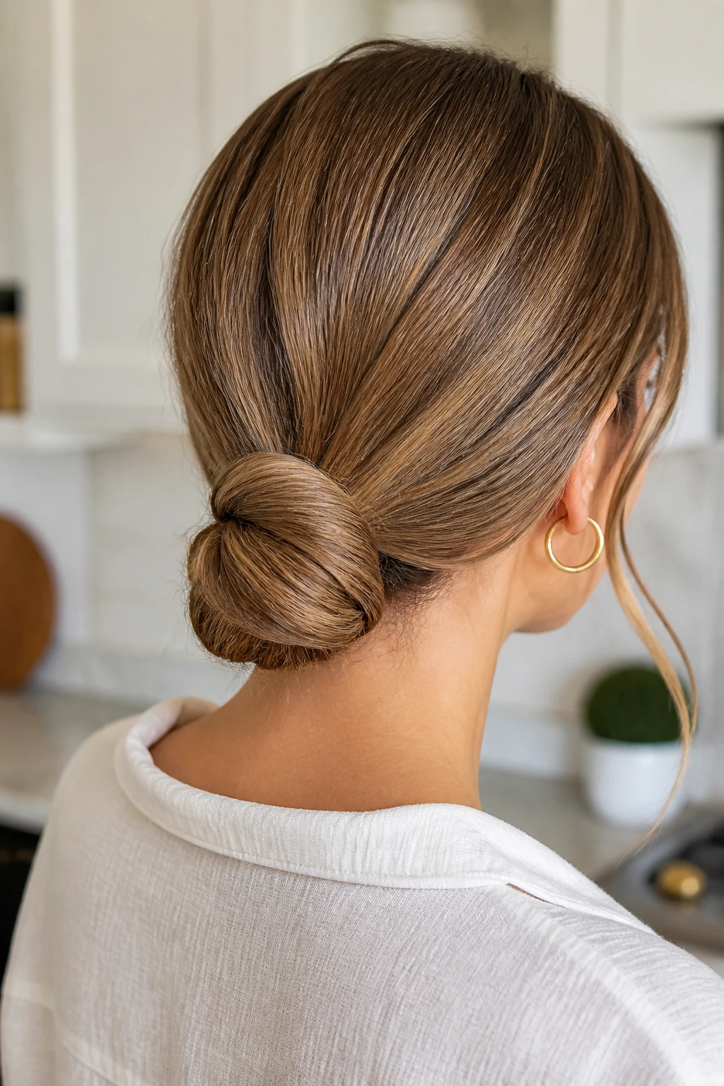 Close-up of a real woman with a tucked-end knot ponytail.