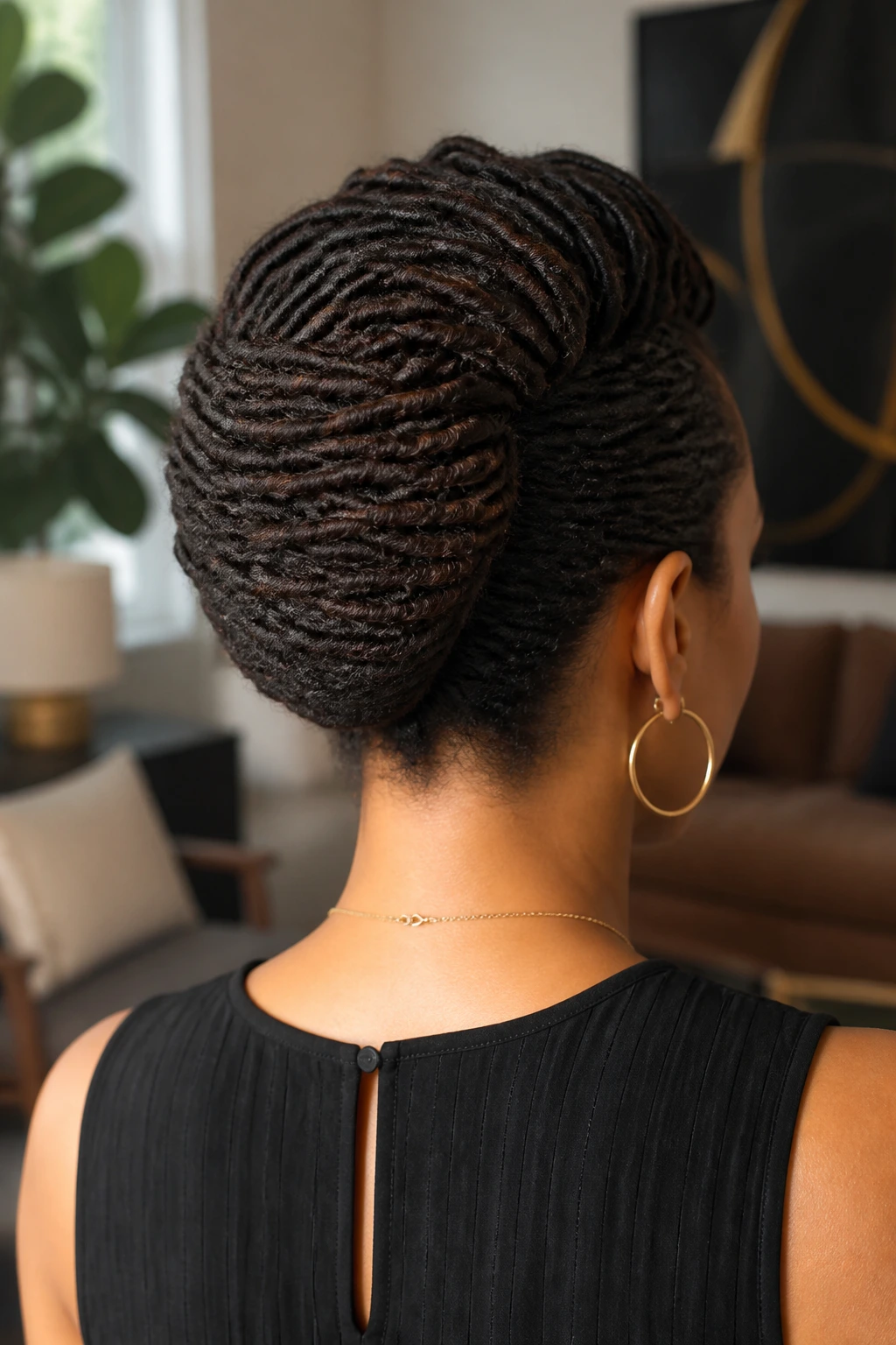 Rear view of a real woman with a tucked French roll loc style