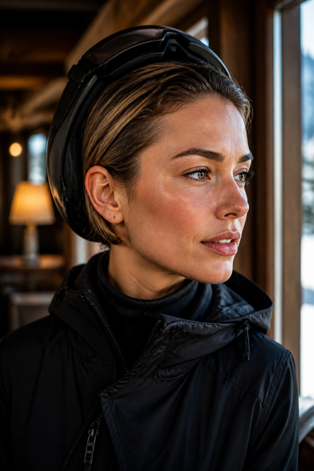 Close-up of a real woman with a tucked-in bob under a ski helmet in a ski lodge.