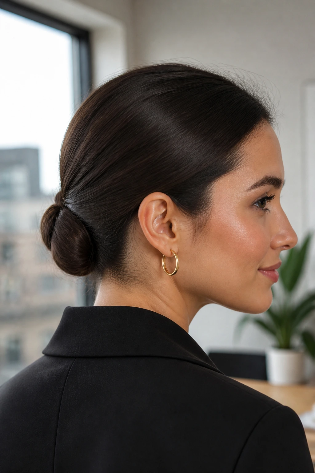 Close-up of a woman with a tucked-in low ponytail and pinned ends in an office